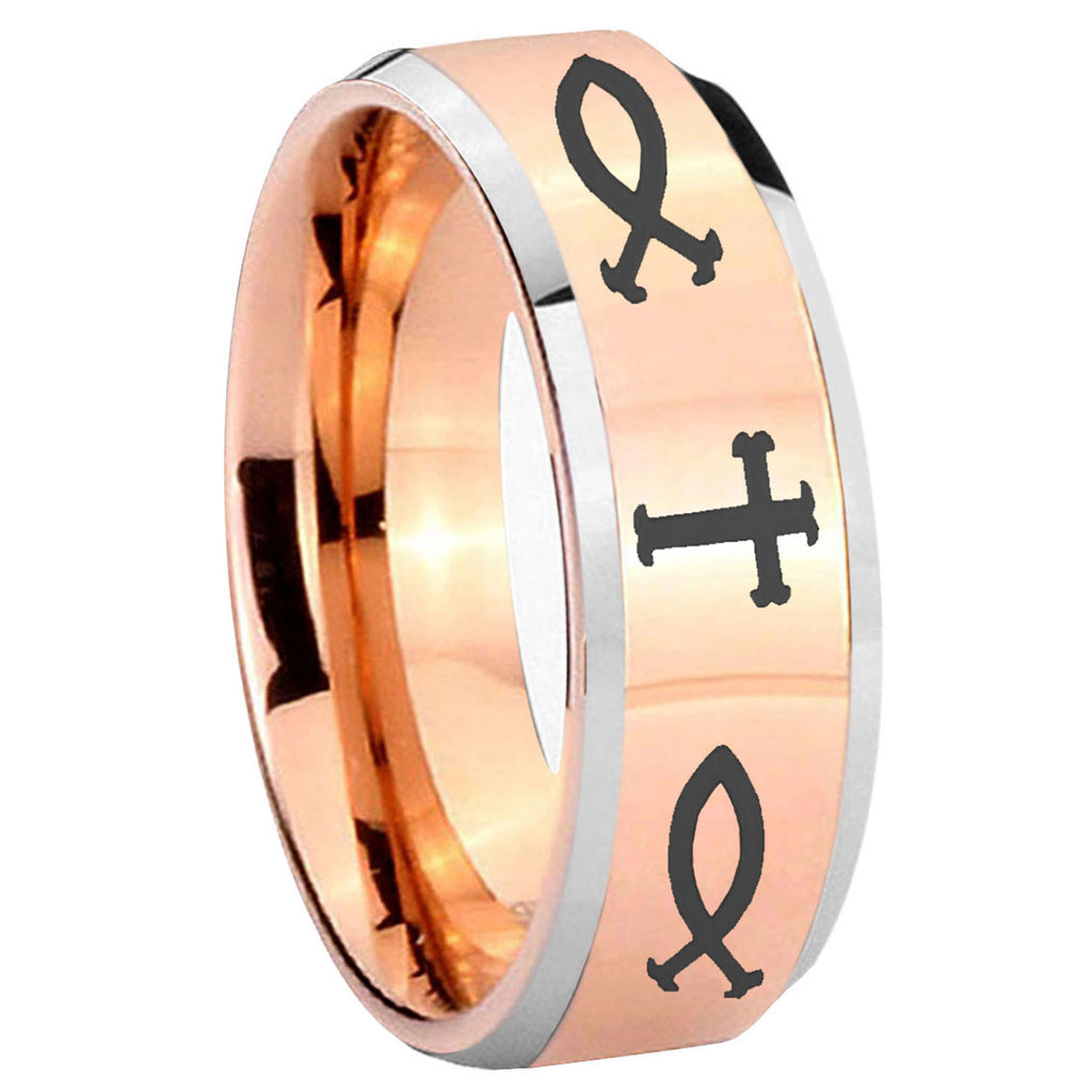 10mm Fish & Cross Beveled Edges Rose Gold Tungsten Carbide Men's Ring