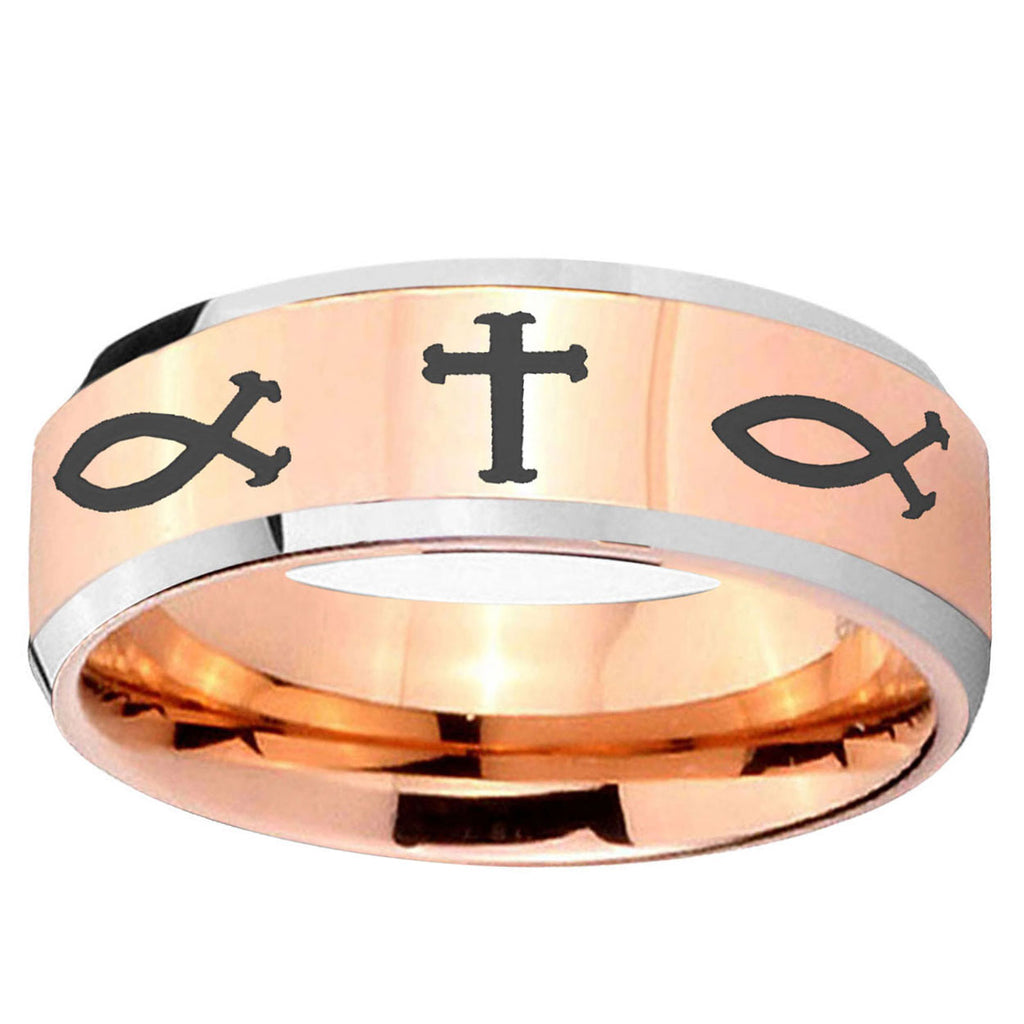 10mm Fish & Cross Beveled Edge Rose Gold Tungsten Ring