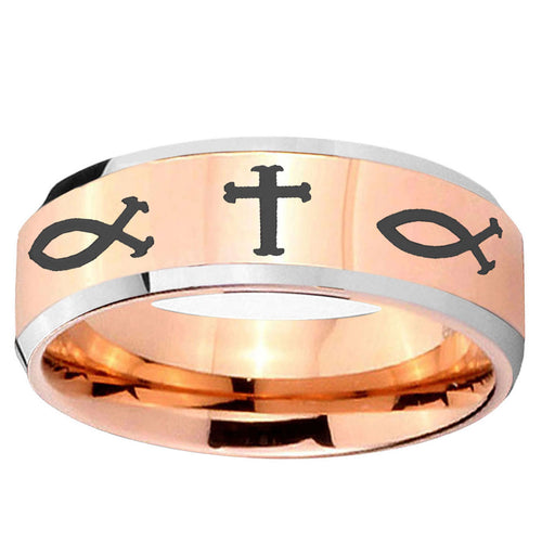 10mm Fish & Cross Beveled Edge Rose Gold Tungsten Ring