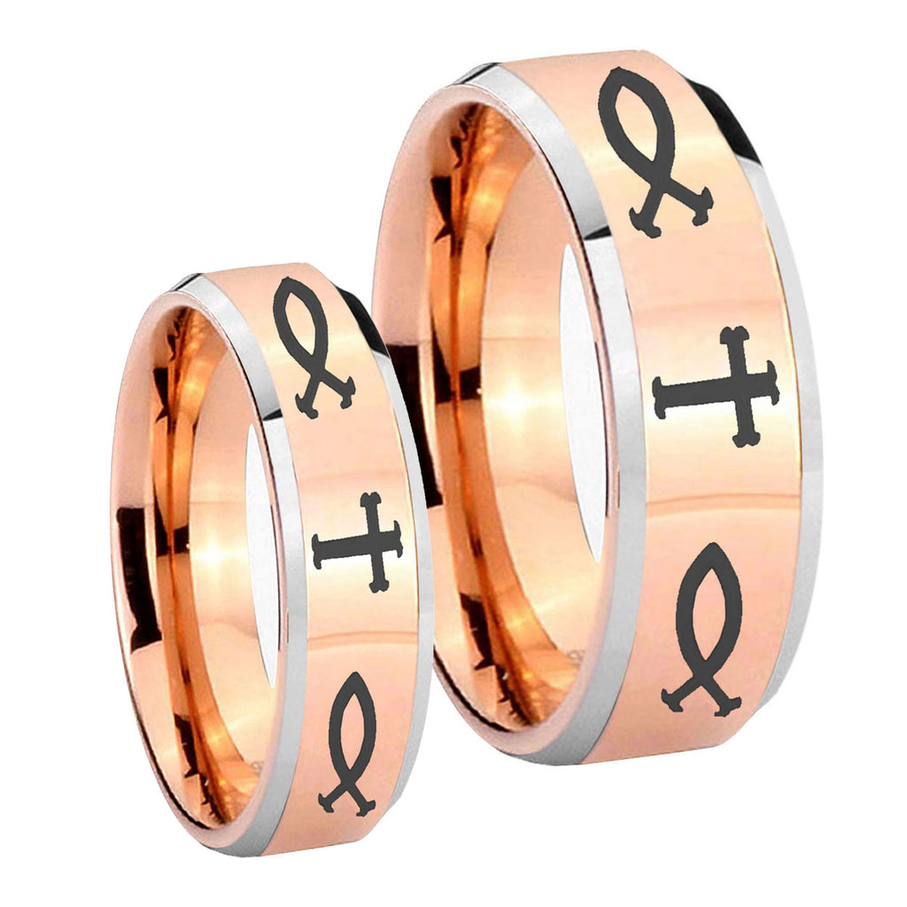 Fish & Cross Beveled Edges Rose Gold Tungsten Engagement Ring Set