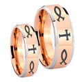Fish & Cross Beveled Edges Rose Gold Tungsten Engagement Ring Set