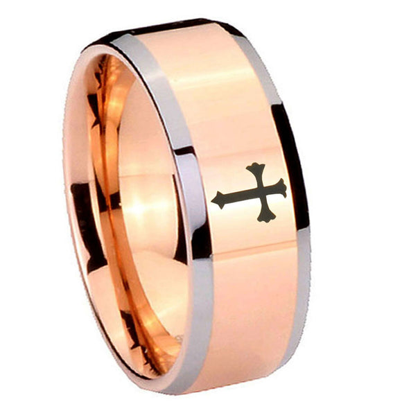 10mm-Flat-Christian-Cross-Beveled-Edges-Rose-Gold-Tungsten-Mens-Ring-Engraved