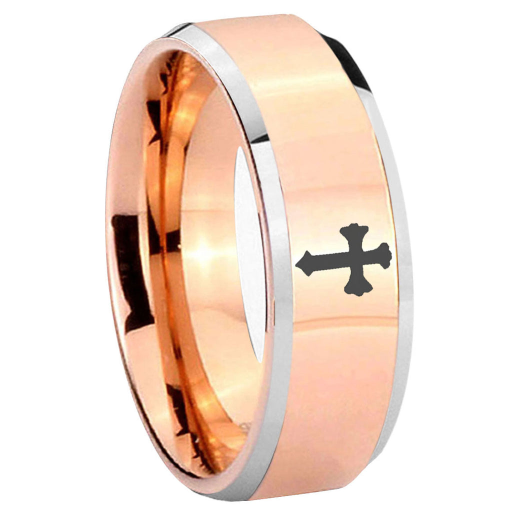 10mm Flat Christian Cross Beveled Edges Rose Gold Tungsten Mens Ring Engraved