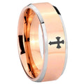 10mm Flat Christian Cross Beveled Edges Rose Gold Tungsten Mens Ring Engraved