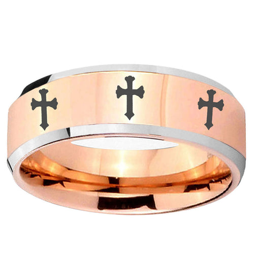 10mm Multiple Christian Cross Beveled Rose Gold Tungsten Ring