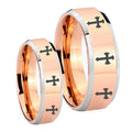 Multiple Christian Cross Beveled Edges Rose Gold Tungsten Bridal Set Rings