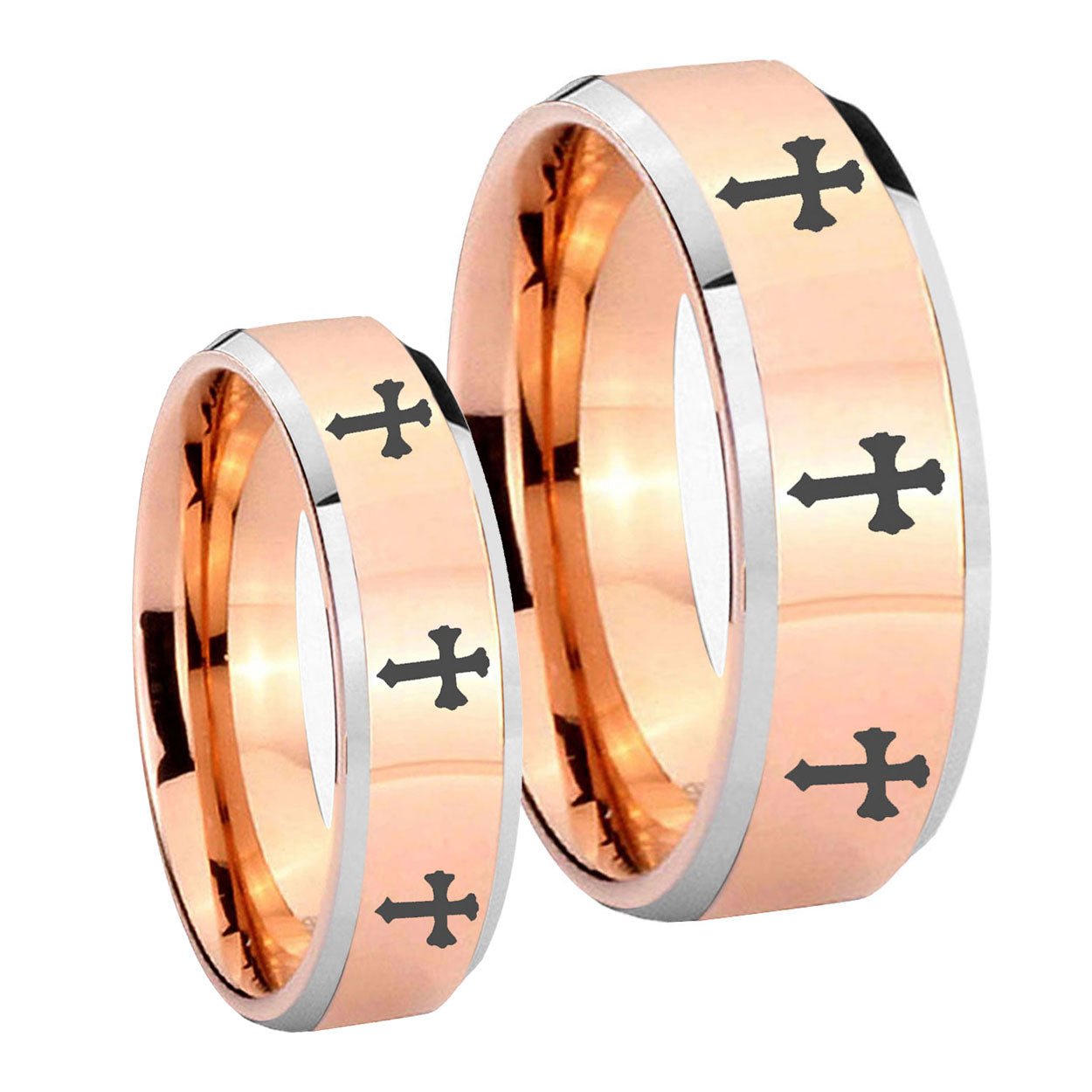 Multiple Christian Cross Beveled Edges Rose Gold Tungsten Bridal Set Rings