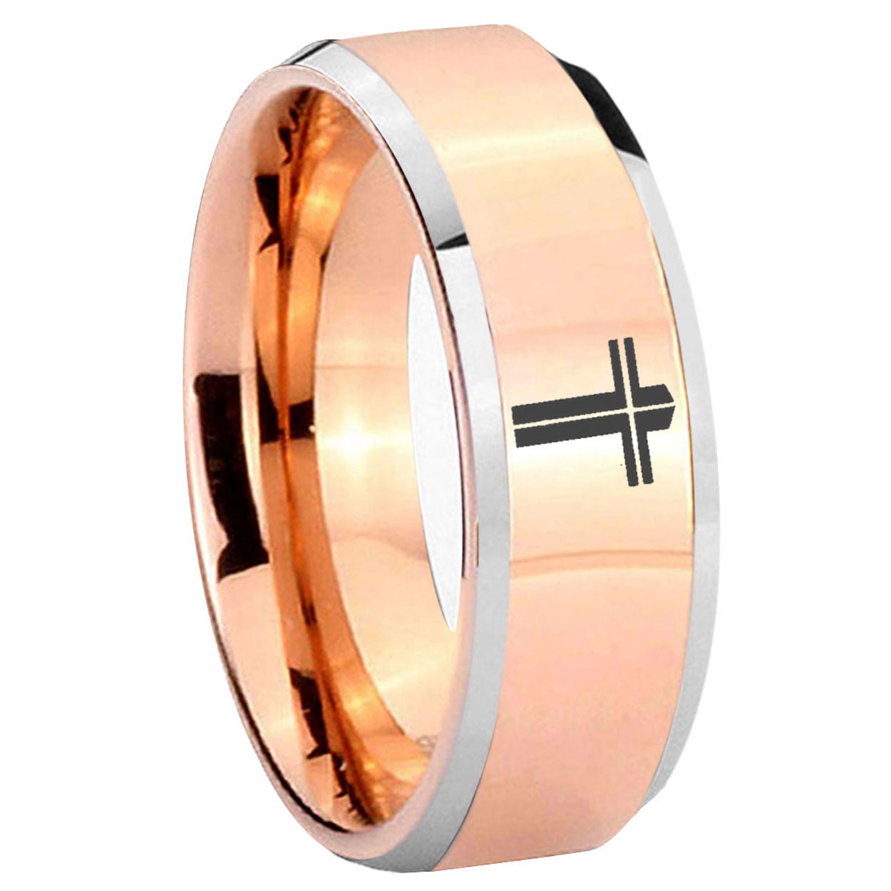 10mm Flat Christian Cross Beveled Edges Rose Gold Tungsten Mens Wedding Band