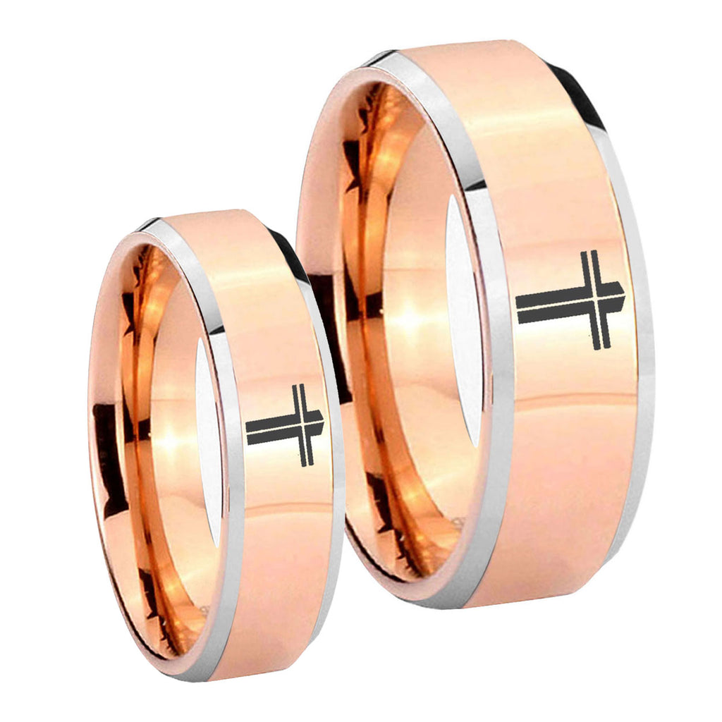 Flat Christian Cross Beveled Edges Rose Gold Tungsten Bridal Set Rings