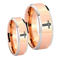 Flat Christian Cross Beveled Edges Rose Gold Tungsten Bridal Set Rings