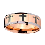 10mm-Multiple-Christian-Cross-Beveled-Rose-Gold-Tungsten-Men's-Wedding-Band