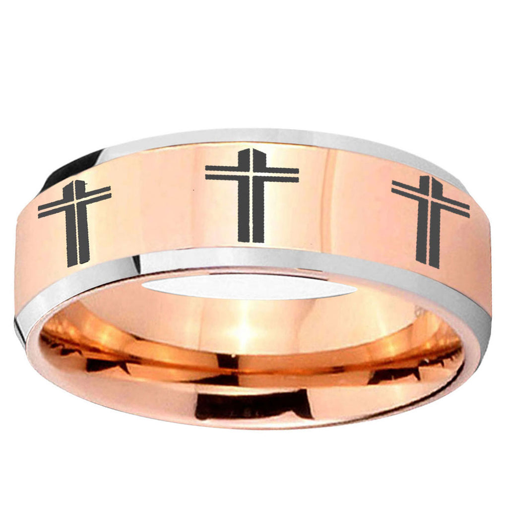 10mm Multiple Christian Cross Beveled Rose Gold Tungsten Men's Wedding Band