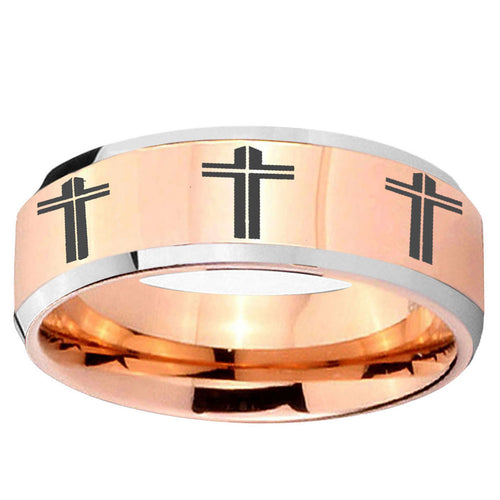 10mm Multiple Christian Cross Beveled Rose Gold Tungsten Men's Wedding Band