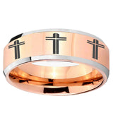 5, 8mm Multiple Christian Cross Beveled Rose Gold Tungsten Men's Promise Rings