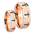 Multiple Christian Cross Beveled Rose Gold Tungsten Wedding Band Set