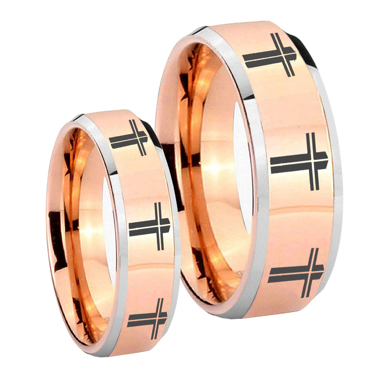 Multiple Christian Cross Beveled Rose Gold Tungsten Wedding Band Set