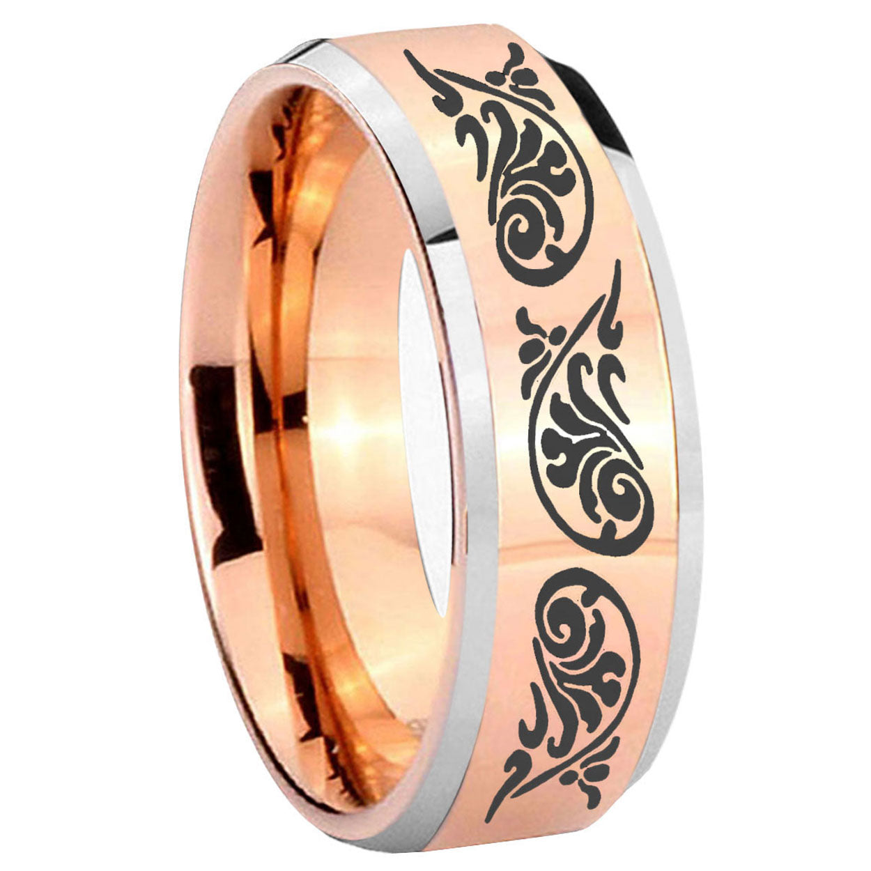 10mm Etched Tribal Pattern Beveled Edges Rose Gold Tungsten Men's Bands Ring