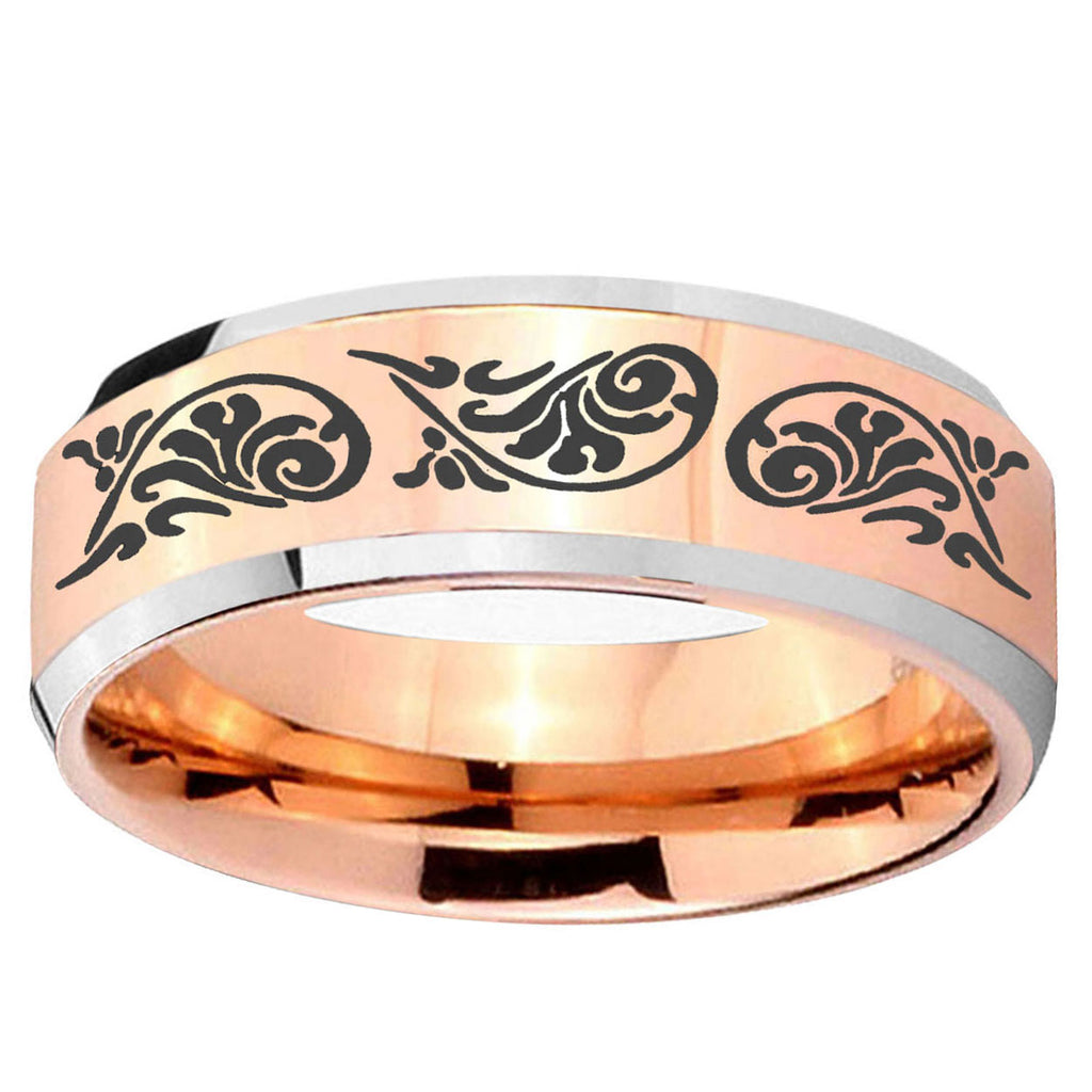 10mm Etched Tribal Pattern Beveled Edge Rose Gold Tungsten Ring