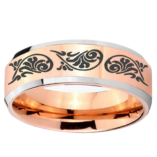 10mm Etched Tribal Pattern Beveled Edge Rose Gold Tungsten Ring