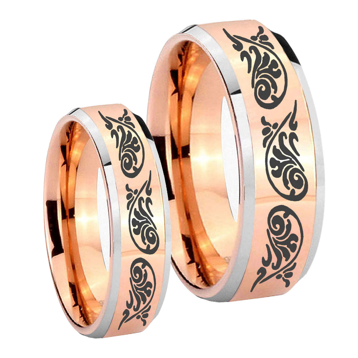Etched Tribal Pattern Beveled Rose Gold Tungsten Couple Rings