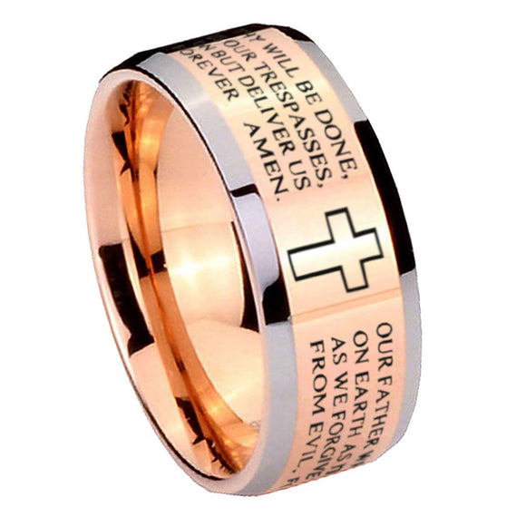 10mm-Bible-Lord's-Prayer-Cross-Beveled-Edges-Rose-Gold-Tungsten-Wedding-Bands-Ring