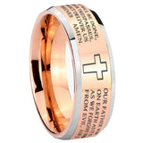 8mm Etched Lord's Prayer Cross Beveled Edges Rose Gold Tungsten Carbide Men's Ring