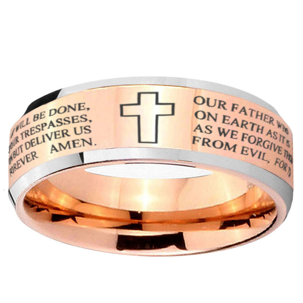 10mm Bible Lord's Prayer Cross Beveled Edge Rose Gold Tungsten Wedding Bands Ring