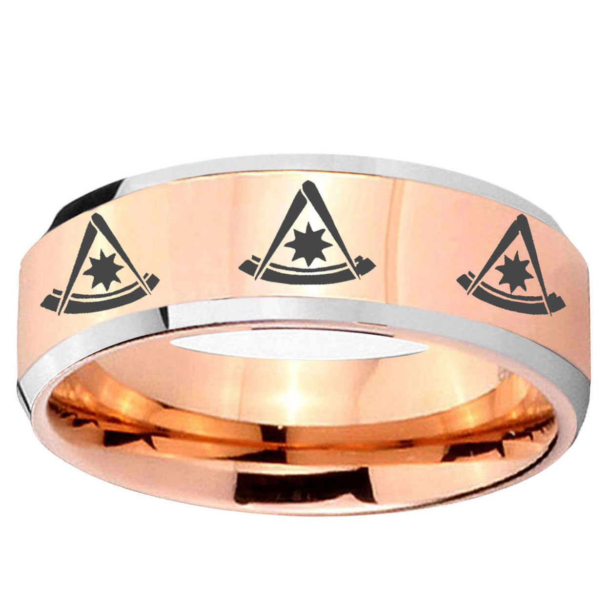 10mm Multiple Pester Master Masonic Beveled Rose Gold Tungsten Ring