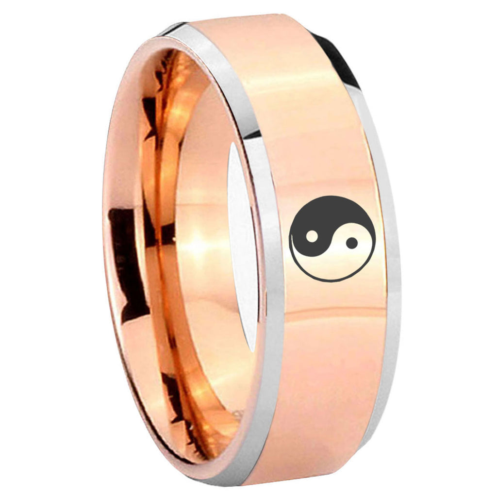 10mm Yin Yang Beveled Edges Rose Gold Tungsten Carbide Mens Promise Ring