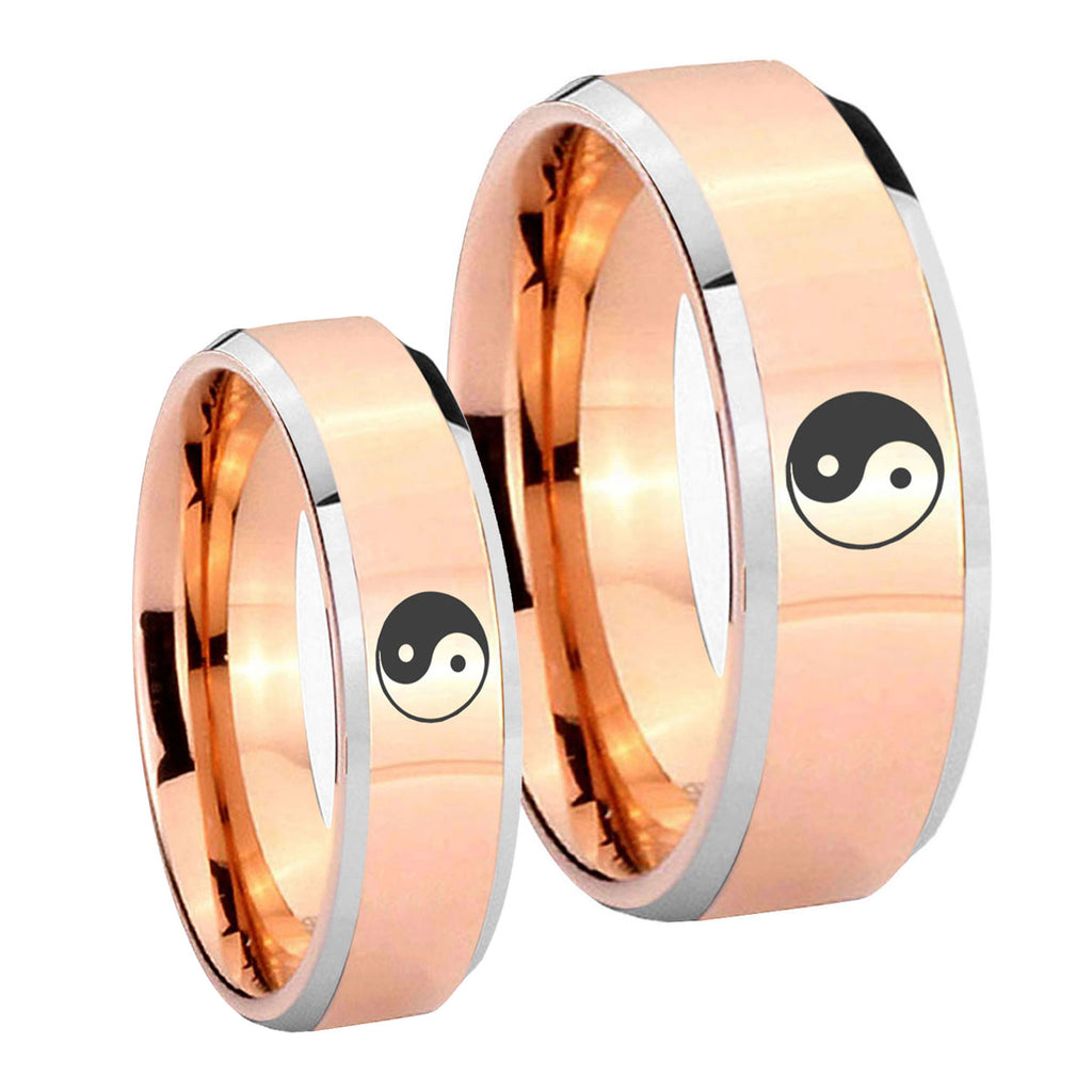 Yin Yang Beveled Edges Rose Gold Tungsten Bridal Set Rings
