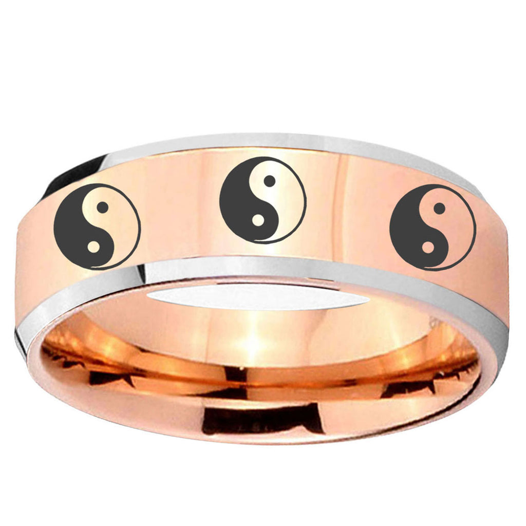 10mm Multiple Yin Yang Beveled Edge Rose Gold Tungsten Men's Promise Rings