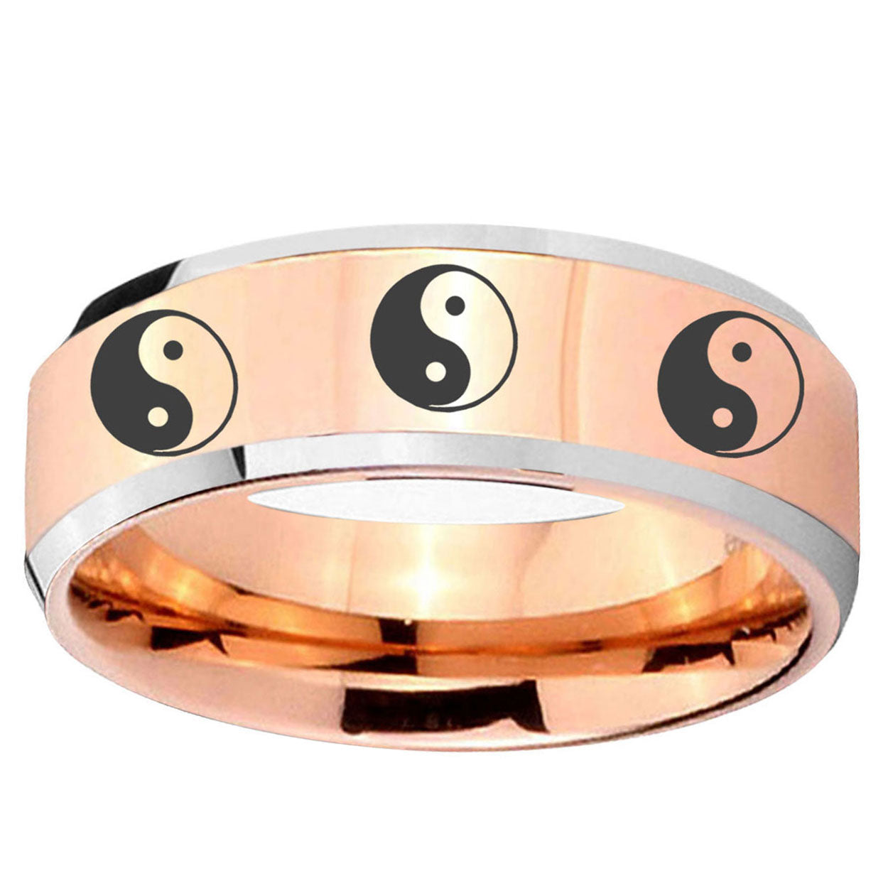 10mm Multiple Yin Yang Beveled Edge Rose Gold Tungsten Men's Promise Rings