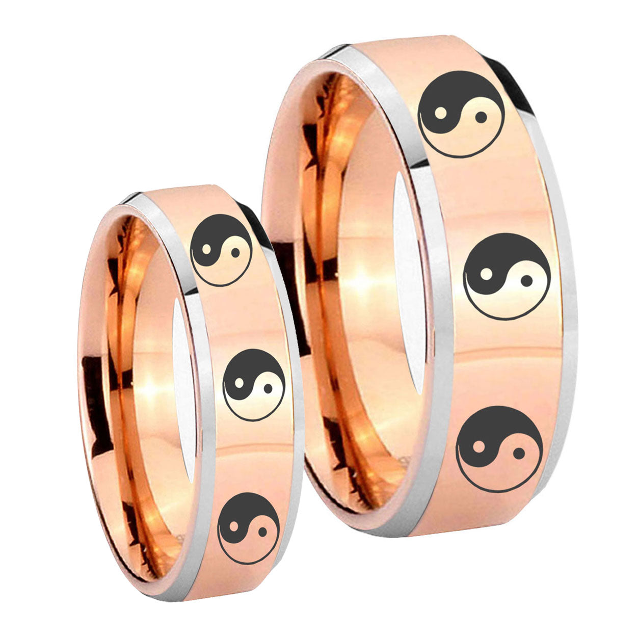 Multiple Yin Yang Beveled Rose Gold Tungsten Mens Set Rings
