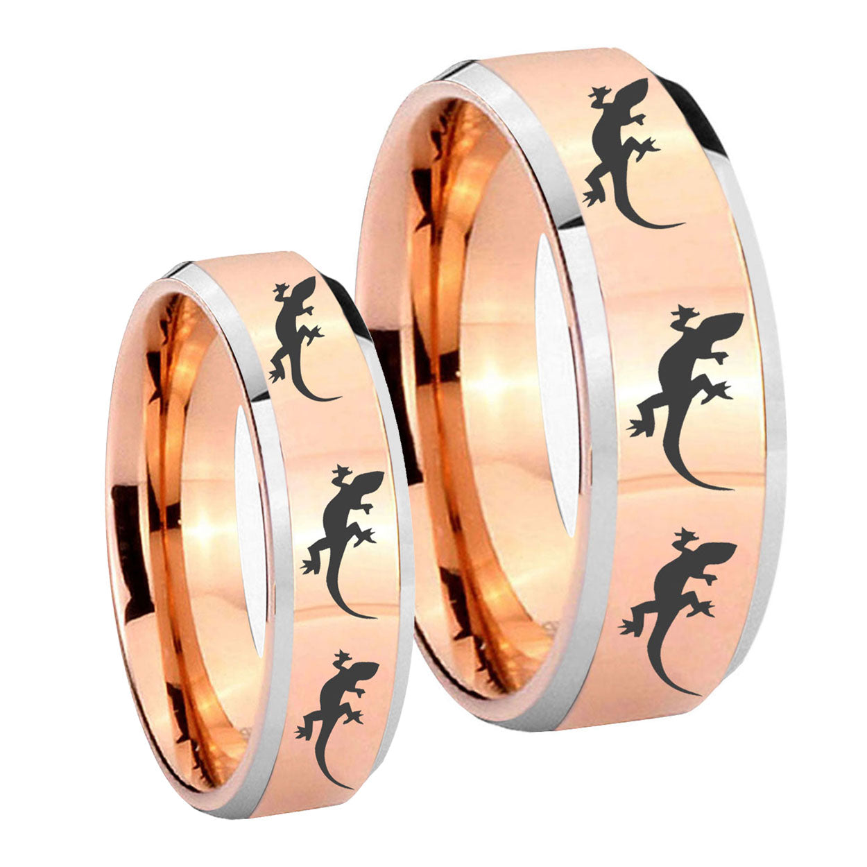 Multiple Lizard Beveled Edges Rose Gold Tungsten His And Hers Ring