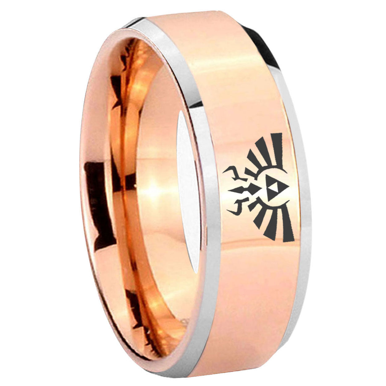 10mm Zelda Skyward Sword Beveled Edges Rose Gold Tungsten Mens Wedding Ring
