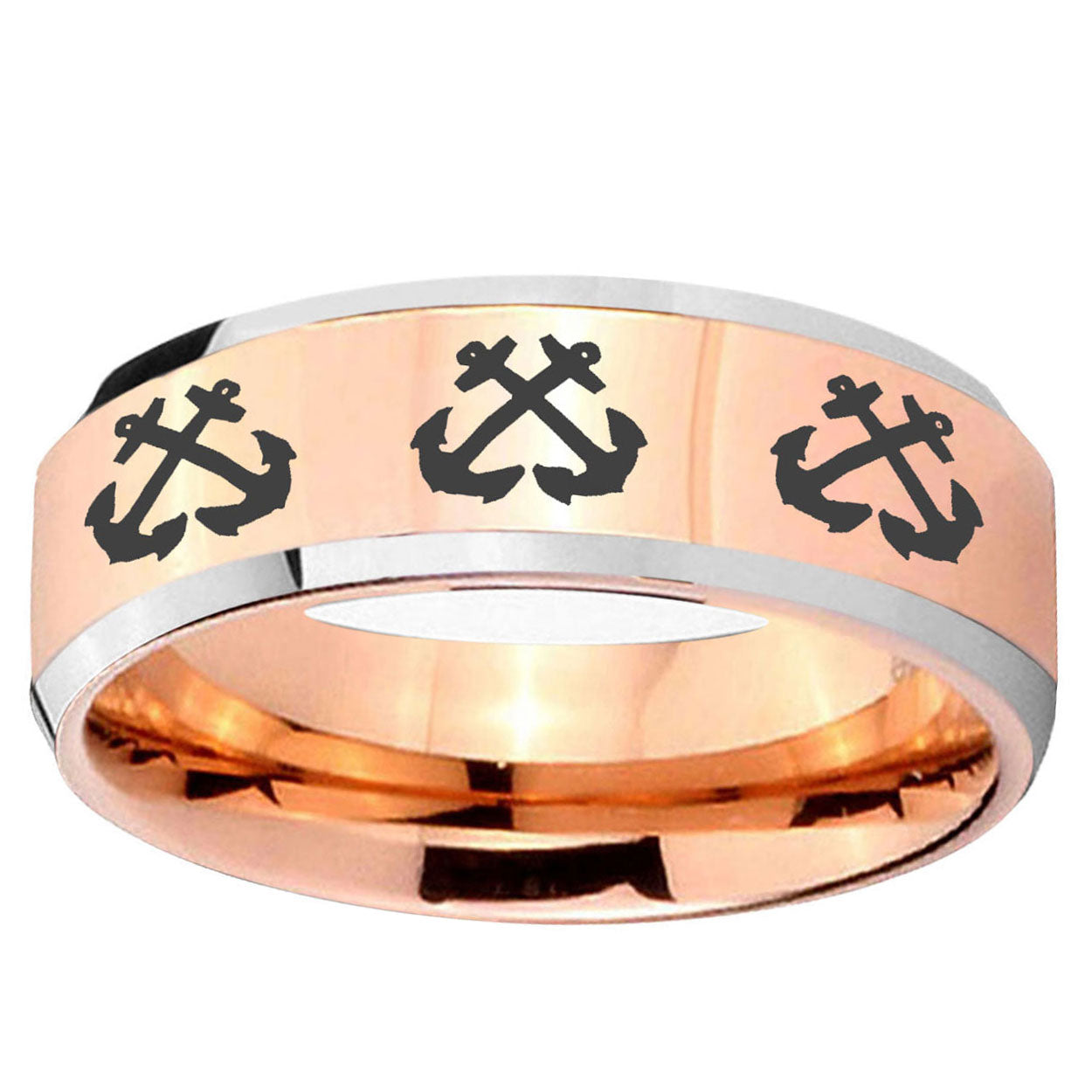 10mm Multiple Anchor Beveled Edge Rose Gold Tungsten Ring
