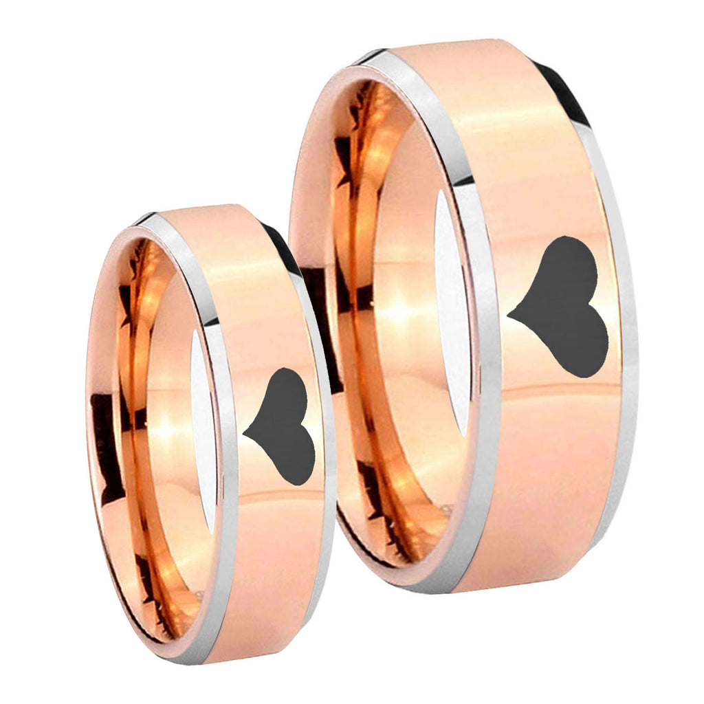 Heart Beveled Edges Rose Gold Tungsten Bridal Ring Set