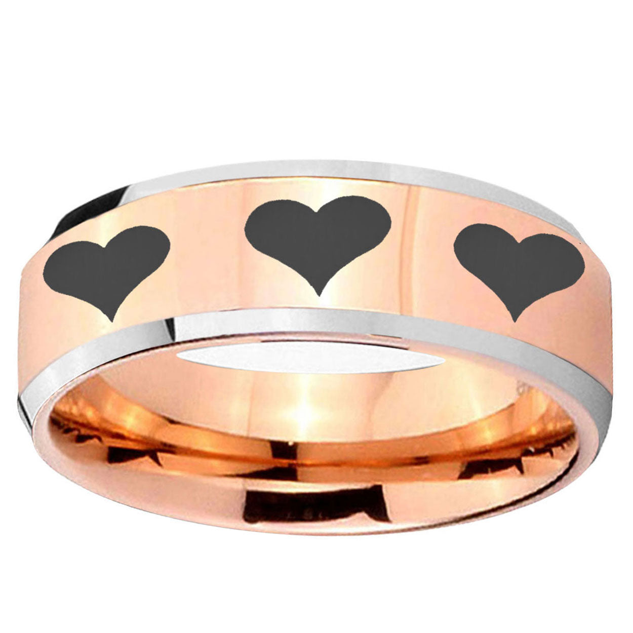 5MM Multiple Heart Beveled Rose Gold Tungsten Mens Ring