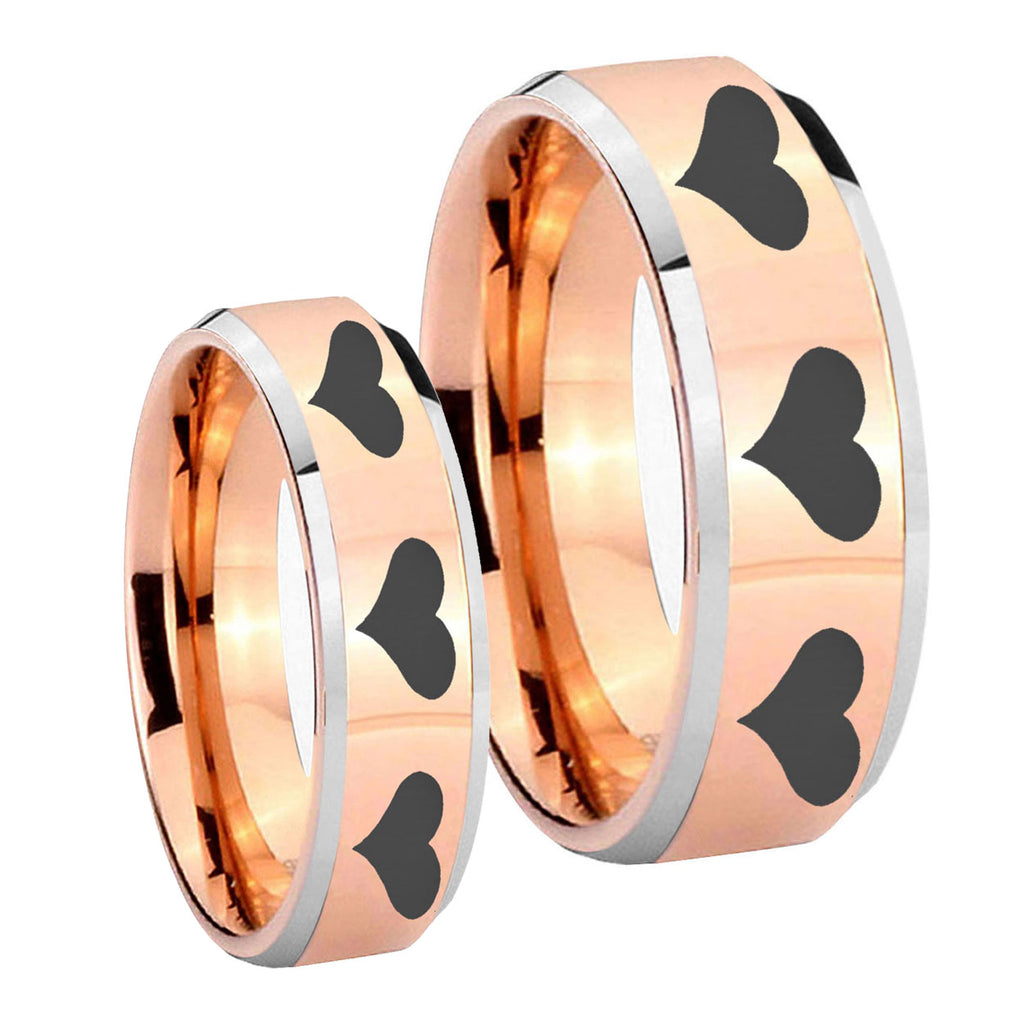 Multiple Heart Beveled Edges Rose Gold Tungsten His Hers Ring Set