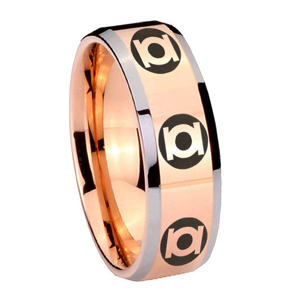8mm Multiple Green Lantern Beveled Edge Rose Gold Tungsten Mens Bands