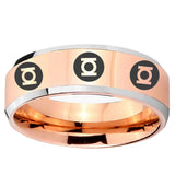 5, 8mm Multiple Green Lantern Beveled Edge Rose Gold Tungsten Mens Bands