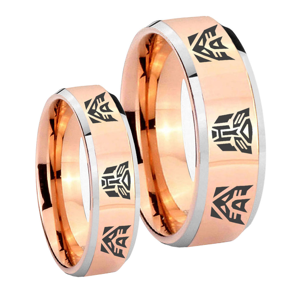 Transformers Autobot Decepticon Beveled Rose Gold Tungsten Mens Ring Set