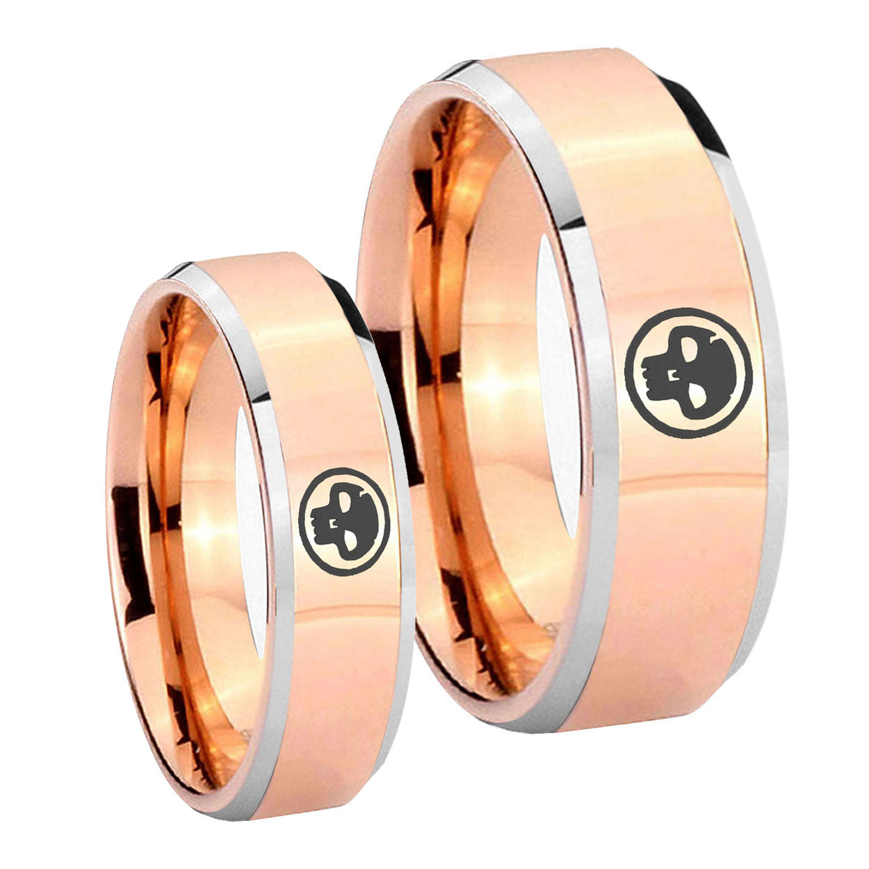 Skull Beveled Edges Rose Gold Tungsten His and Hers