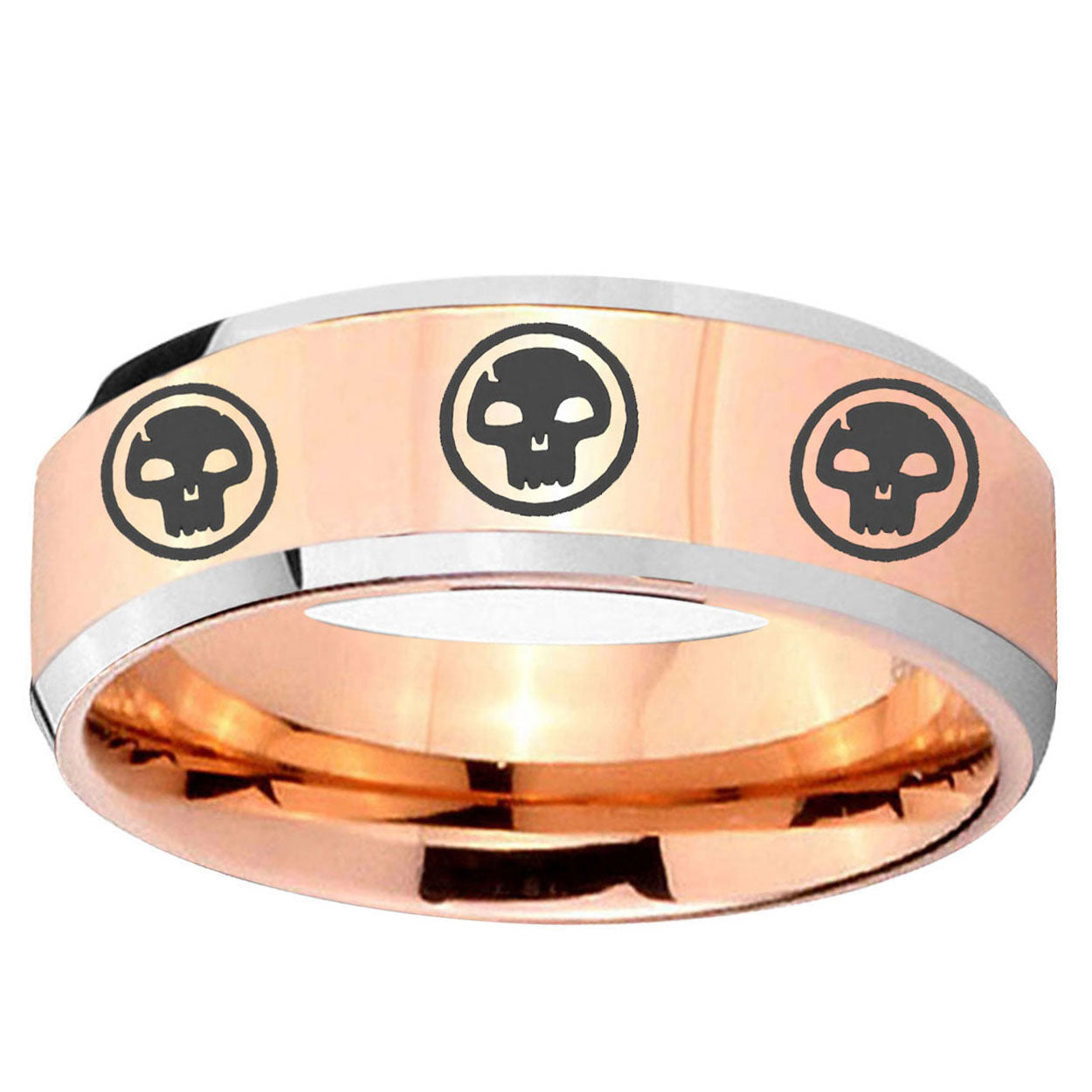 5MM Multiple Skull Beveled Rose Gold Tungsten Ring Men