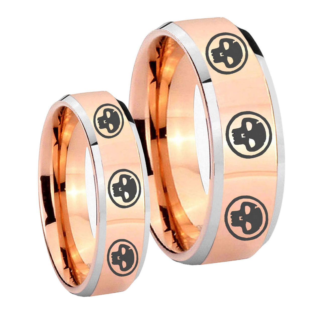 Multiple Skull Beveled Edges Rose Gold Tungsten Couples Ring Set
