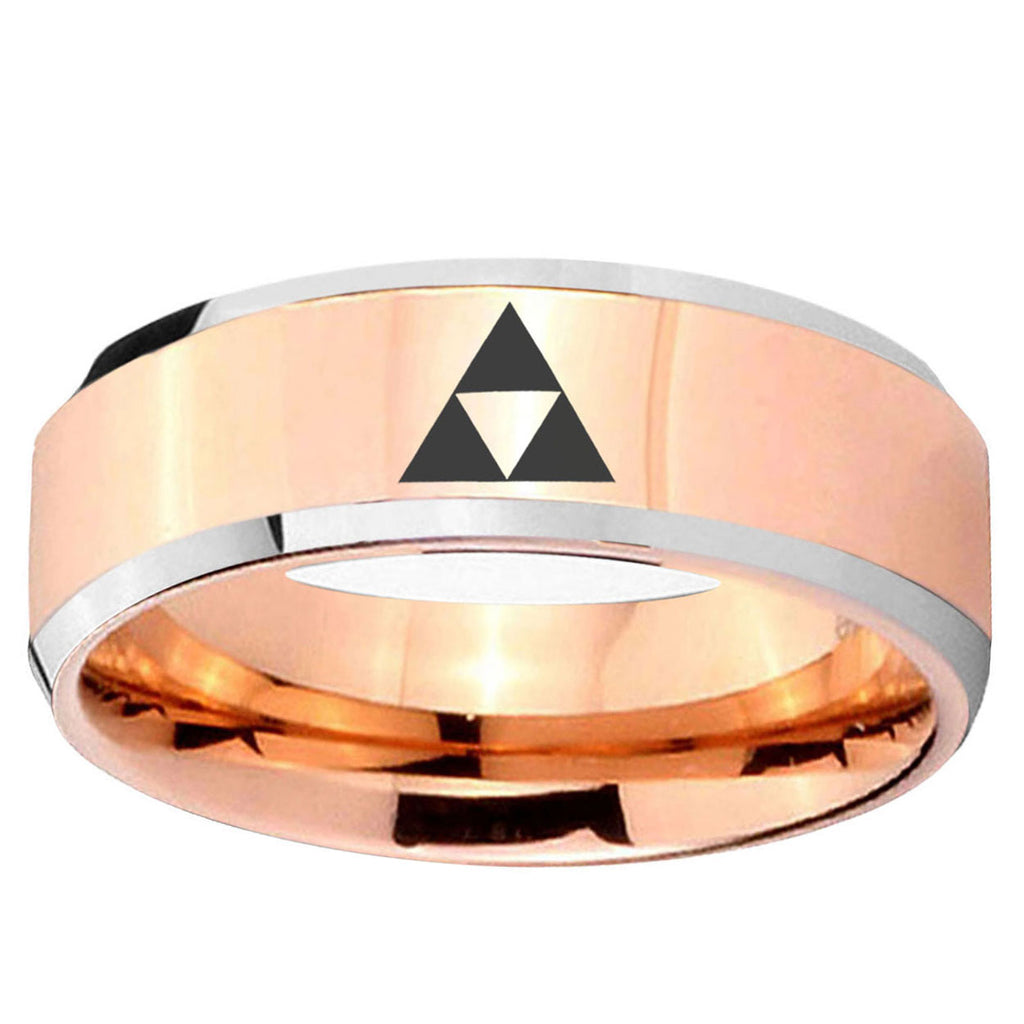10mm Zelda Triforce Beveled Edge Rose Gold Tungsten Ring