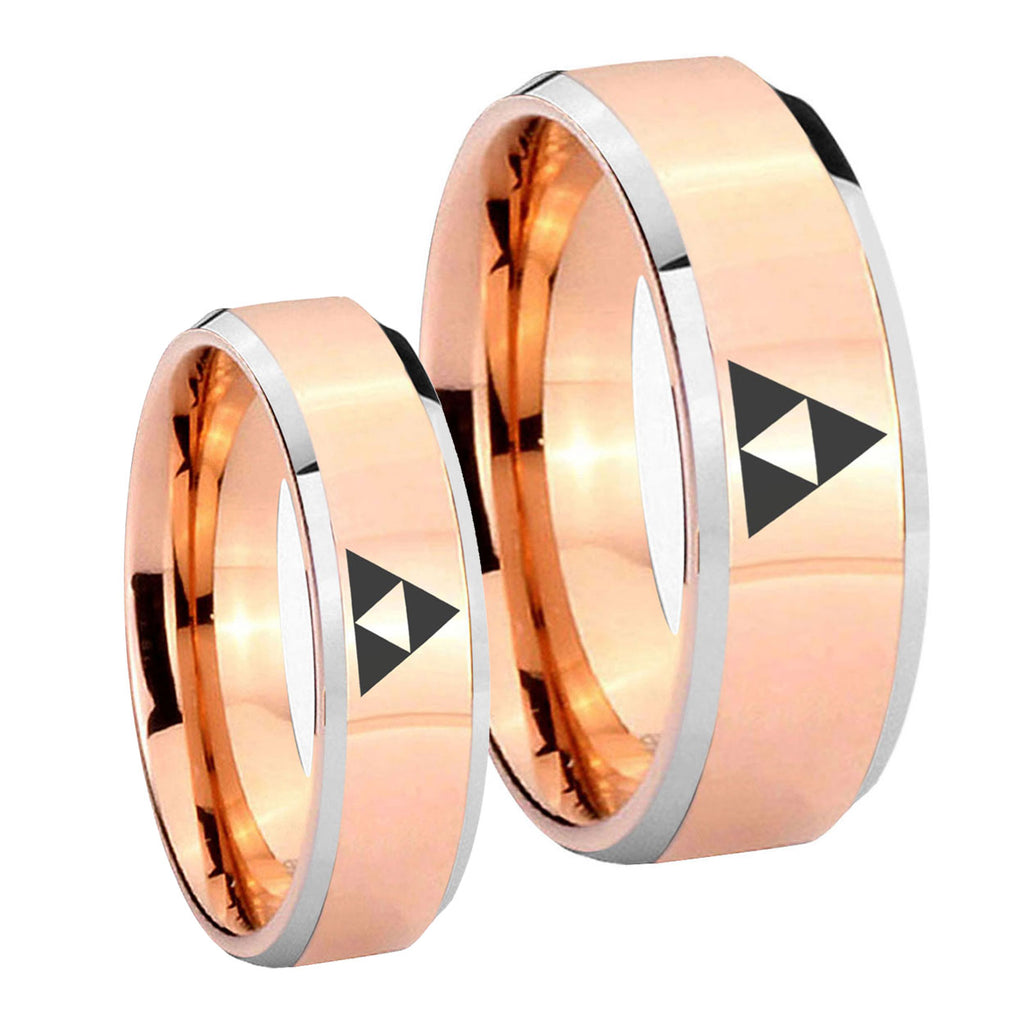 Zelda Triforce Beveled Edges Rose Gold Tungsten Couple Band Set