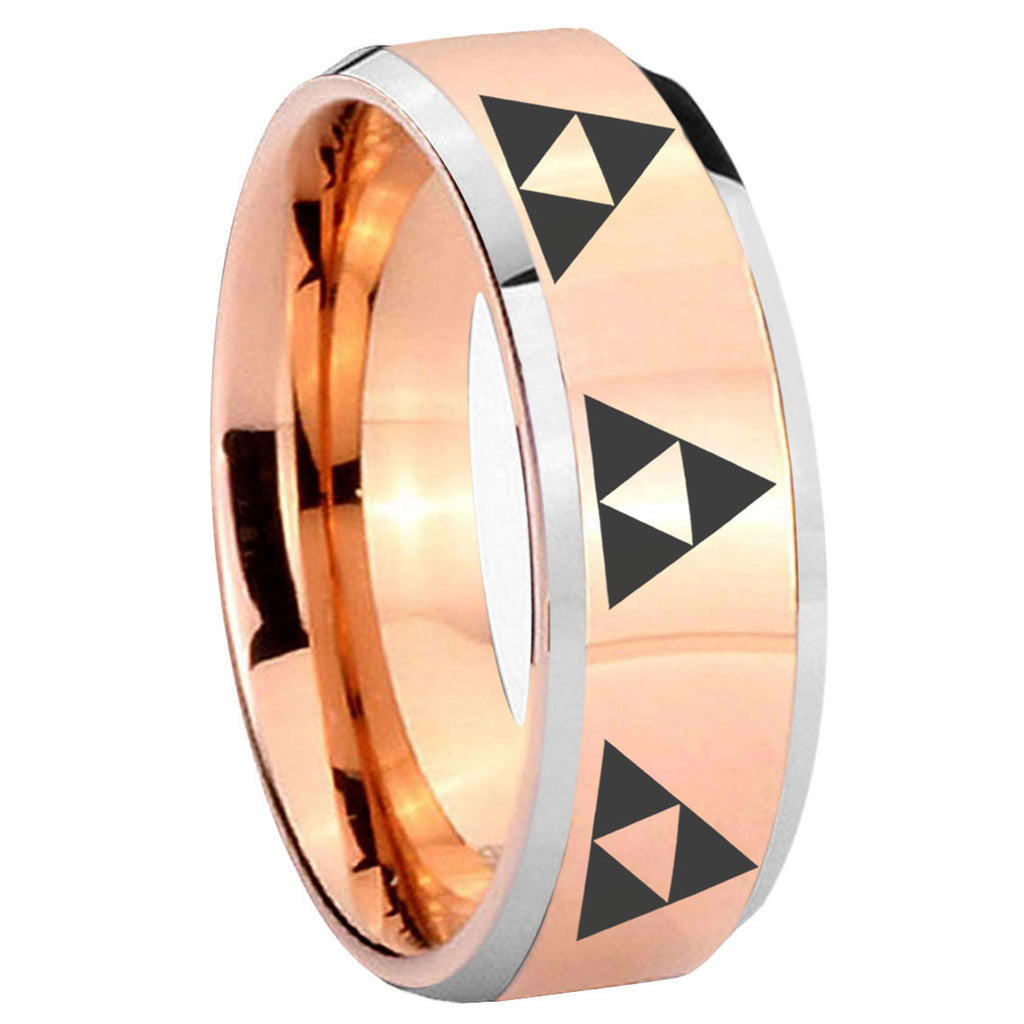 8MM Multiple Zelda Triforce Beveled Rose Gold Tungsten Ring