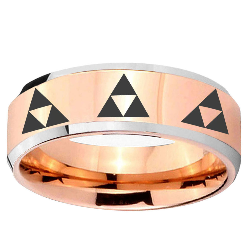 10mm Multiple Zelda Triforce Beveled Edge Rose Gold Tungsten Promise Ring