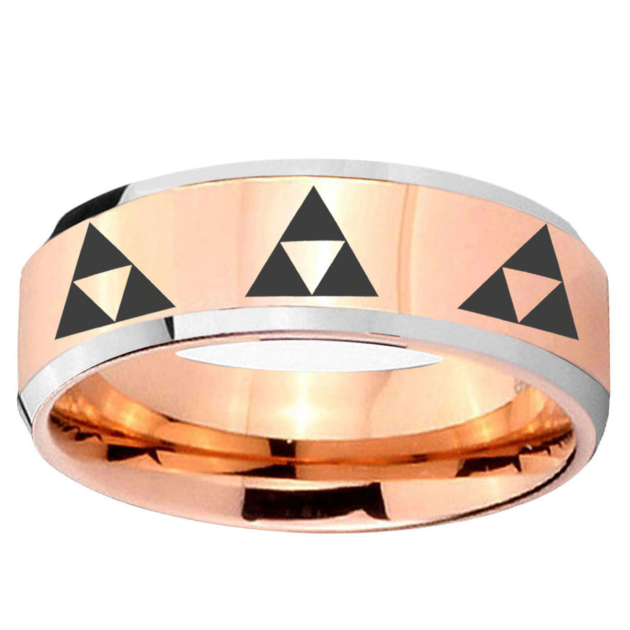 5MM Multiple Zelda Triforce Beveled Rose Gold Tungsten Ring